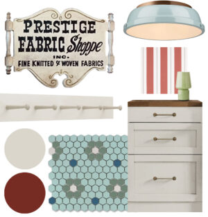 collage of design elements for laundry room makeover