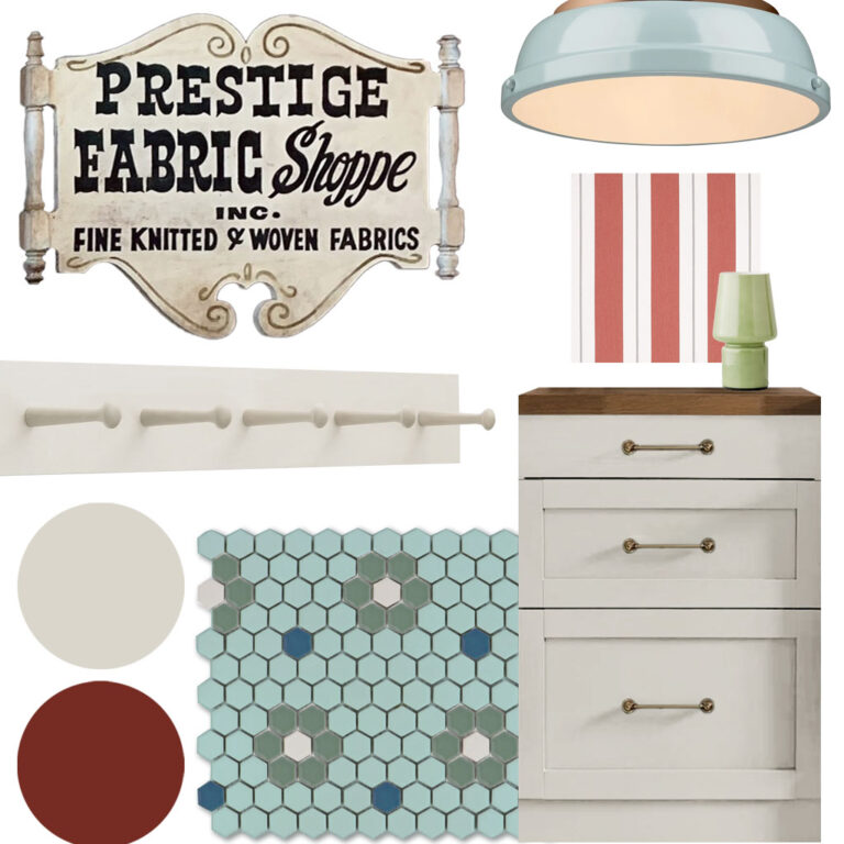 collage of design elements for laundry room makeover